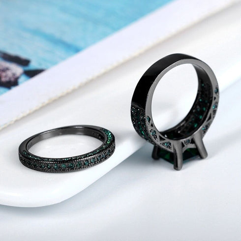 2 Pcs Princess Cut Green Black 18K Gold Plated Cubic Zirconia Women's Ring